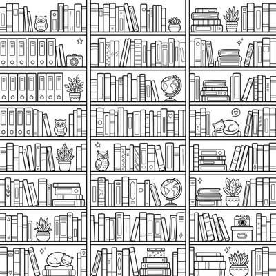 Immerse yourself in this wonderfully detailed coloring page featuring multiple bookshelves brimming with books and delightful trinkets. A perfect escape for anyone who loves reading and intricate designs.