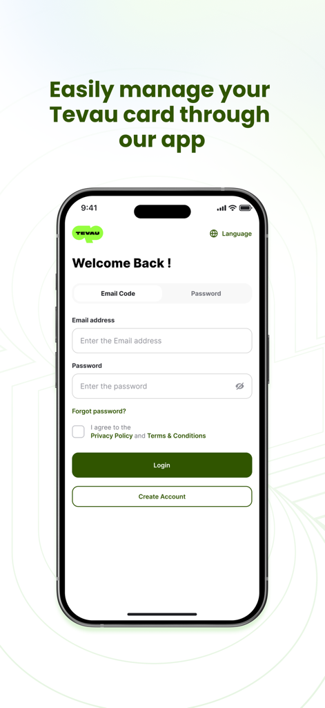TevauPay - Interfaz de inicio de sesión de la aplicación móvil TevauPay con campos de entrada de correo electrónico y contraseña.