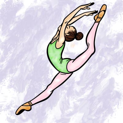 gymnast doing a leap in a leotard with a bent back leg