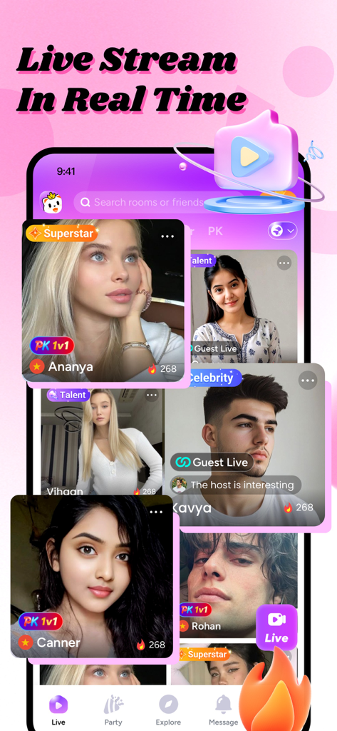 Tikko Live app interface showing various real-time live stream tiles of diverse users with labels like Superstar and PK 1v1.