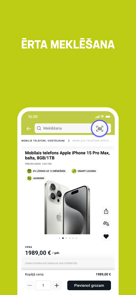 1a.lv - Kopā ar Tevi - iPhone 15 Pro Max product page on the 1a.lv shopping app showing search and barcode scanner options
