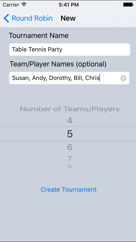 Erstellungsbildschirm für ein neues Turnier in der Round Robin App mit Spielernamen und Teamanzahl