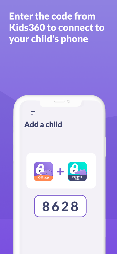 Capture d'écran de l'application Alli360 montrant l'écran Ajouter un enfant avec un code d'appairage pour connecter les applications de l'enfant et du parent.