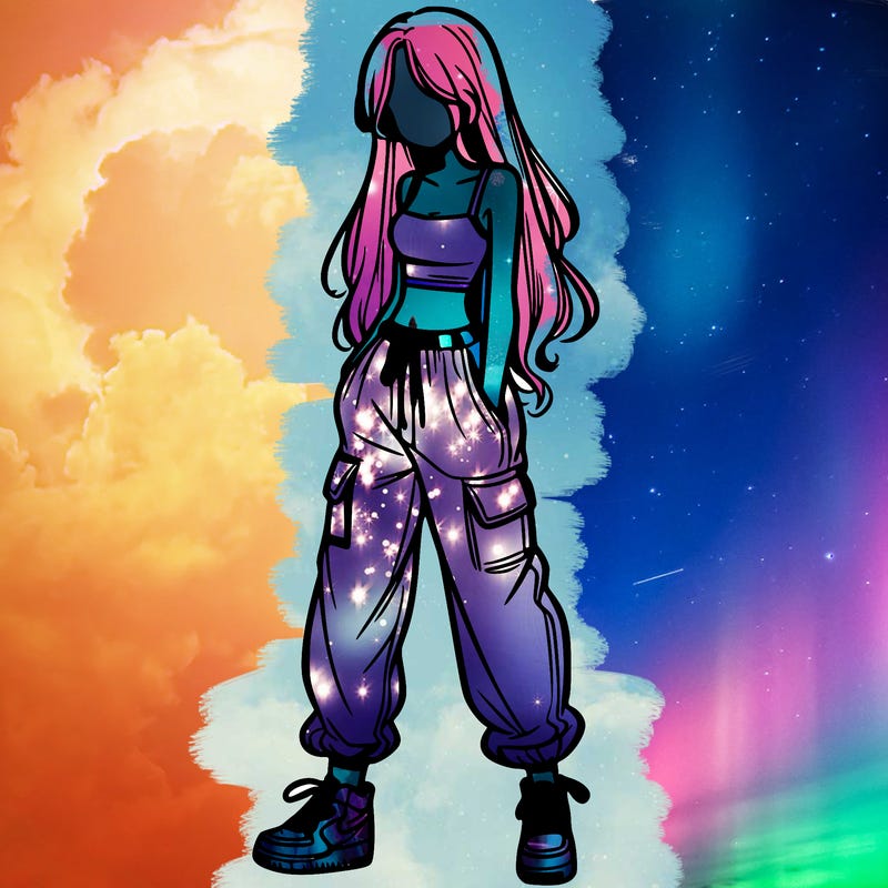 girl in baggy pants crop top and long hair