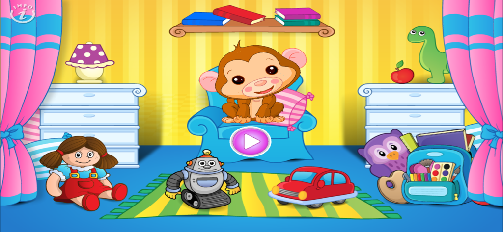 Baby games for one year olds. - Abby the Monkey in a colorful playroom with toys and a play button