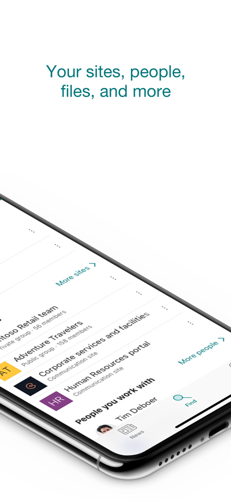 Interface do aplicativo móvel Microsoft SharePoint mostrando uma lista de sites corporativos e contatos profissionais