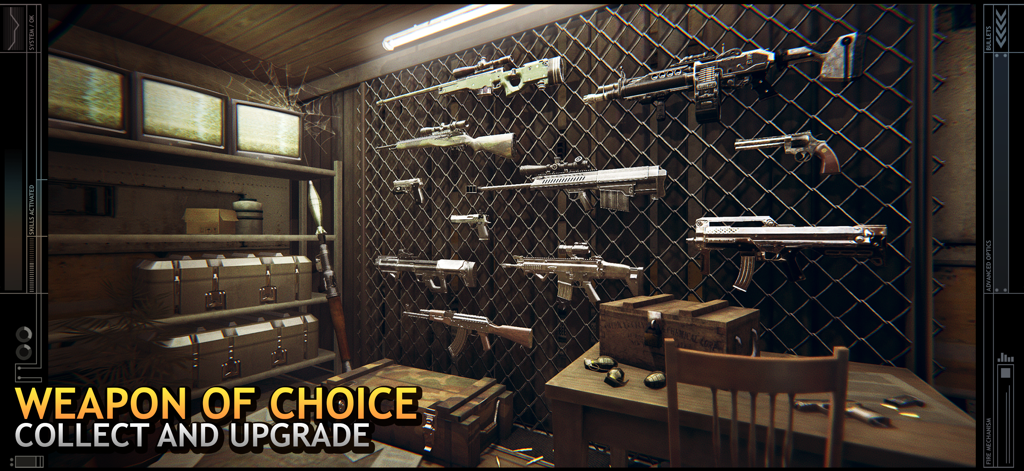 Last Hope Sniper - Zombie War - An armory wall displaying various firearms and guns for collection and upgrade in Last Hope Sniper