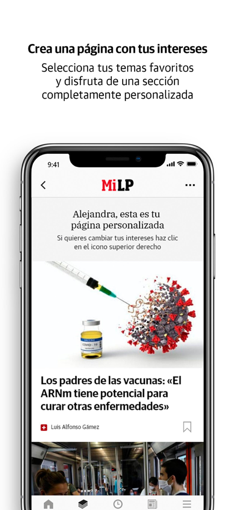 Las Provincias - Las Provincias App-Oberfläche, die einen personalisierten Nachrichten-Feed mit dem Titel MiLP und benutzerdefinierten Interessensbereichen zeigt