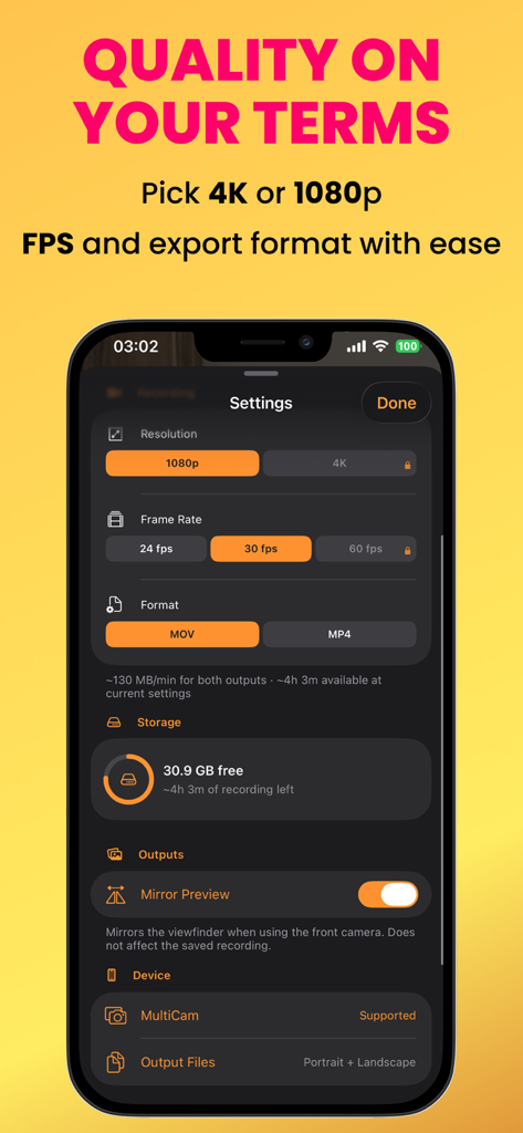 Dual Shot Recorder - DualView - DualView app settings menu for selecting video resolution frame rate and file format
