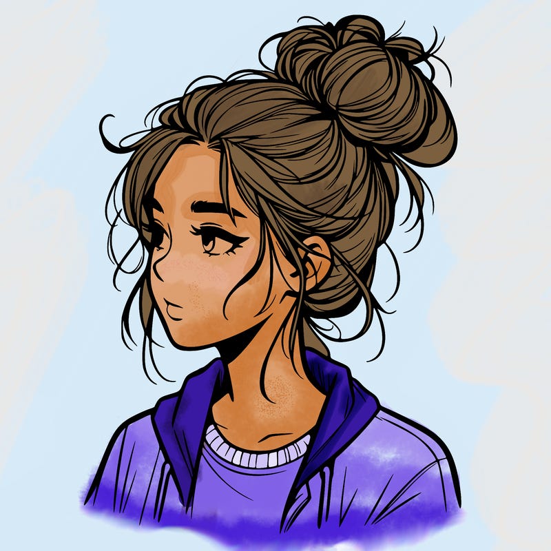 realistic teenage girl with a messy bun