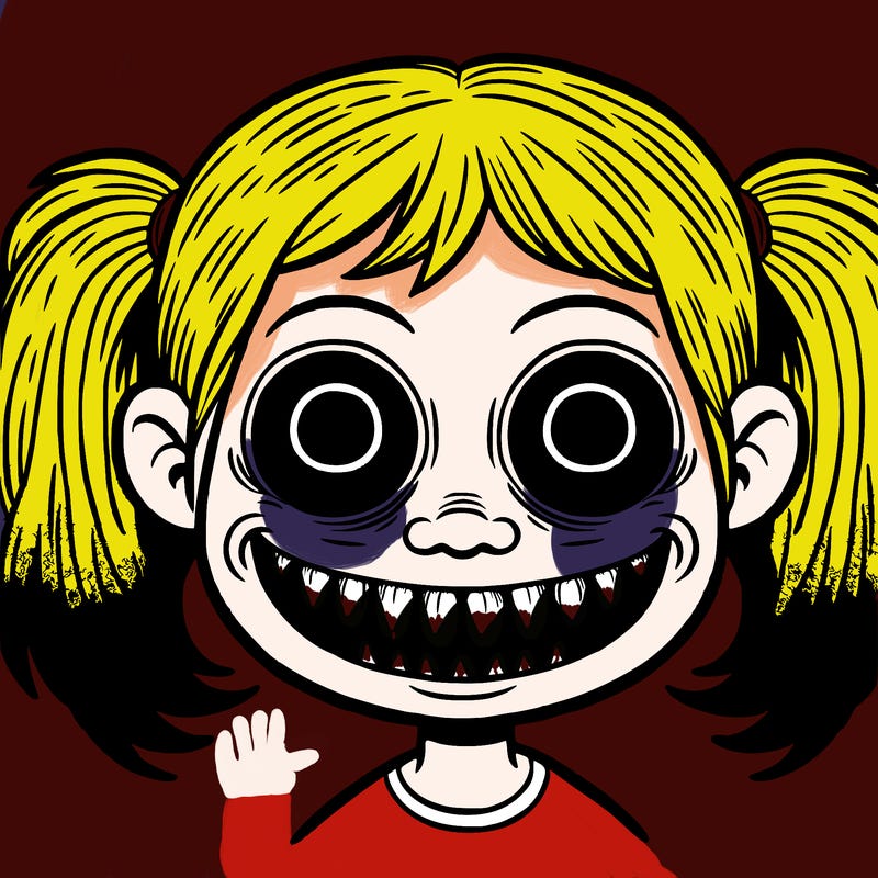 very creepy girl with a big grin