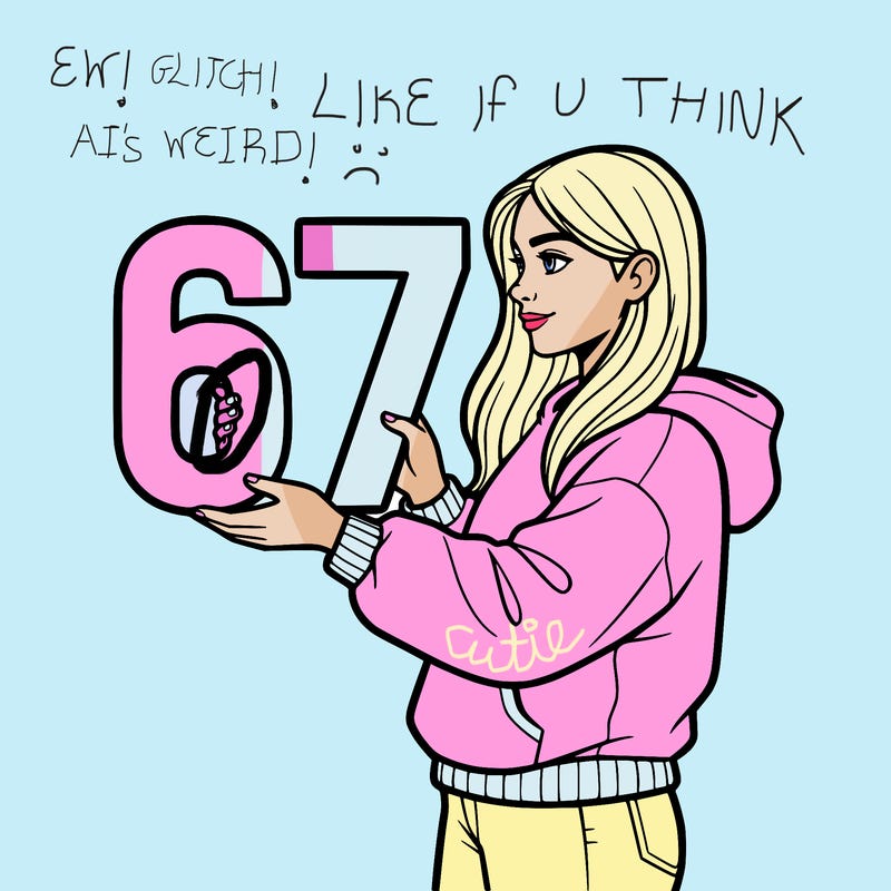 a gorgeous teen girl holding the numbers 67