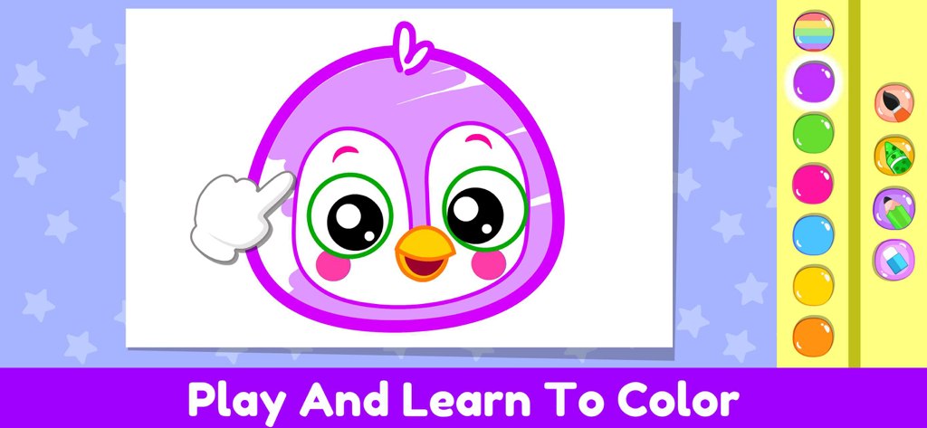 Coloring Games for Kids, Baby. - A toddler coloring app interface showing a cute penguin drawing and a color palette