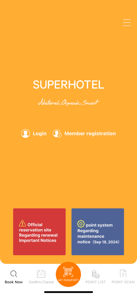 SuperHotel - SuperHotel app home screen with login registration and booking navigation menu