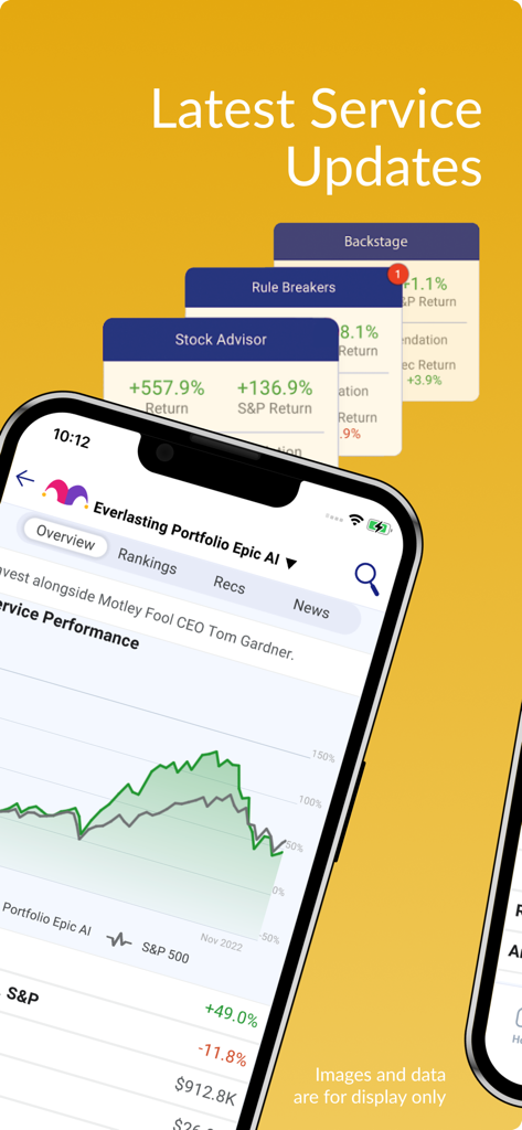 The Motley Fool - Smartphone screen showing The Motley Fool app stock performance chart and service updates