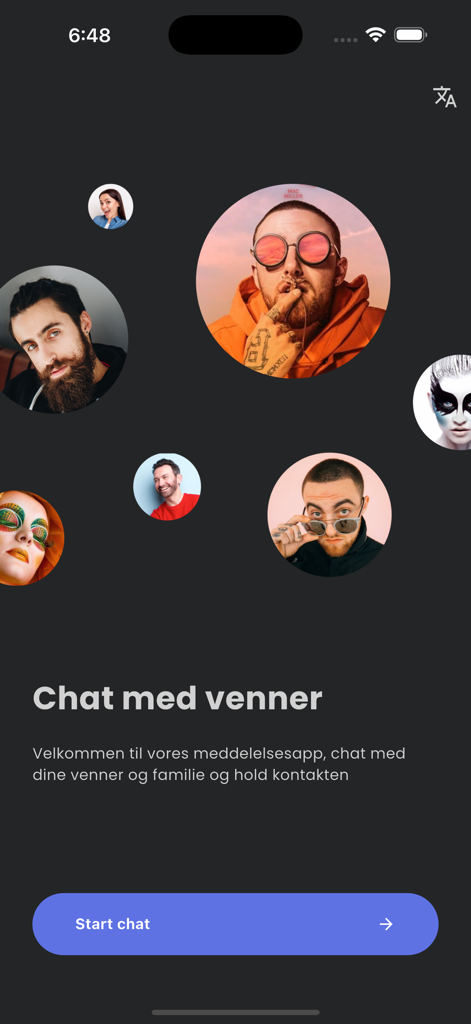 SOCii Messenger - The welcome screen of the SOCii Messenger app featuring contact profile pictures and a start chat button