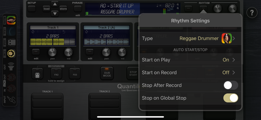 The rhythm settings menu in Quantiloop Pro showing options for Reggae Drummer and automatic start and stop controls.