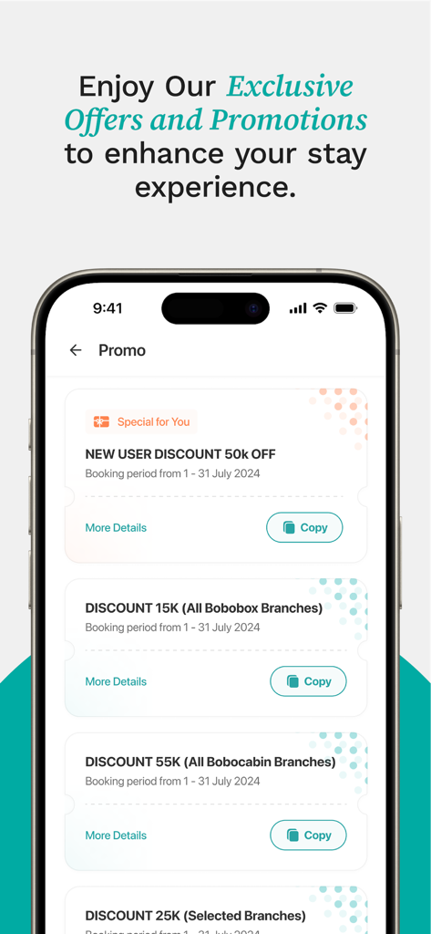 Bobobox mobile app screen showing available promo codes and discounts for pod and cabin stays