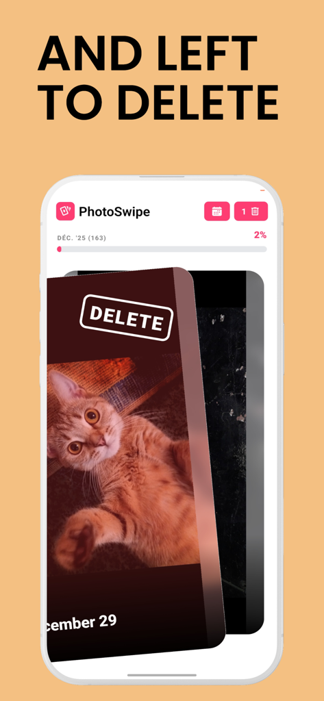 Photo Cleaner Pro: PhotoSwipe - Smartphone screen showing the PhotoSwipe app interface with a photo being swiped left to delete