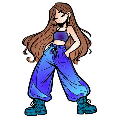 girl in baggy pants crop top and long hair