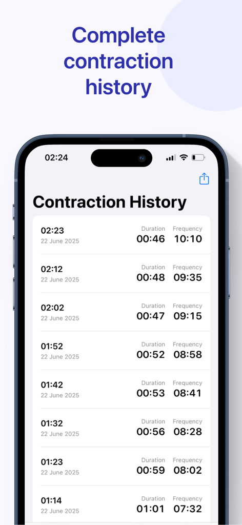 Contraction Timer ＆ Kick Count - A clean interface showing a history of labor contraction durations and intervals