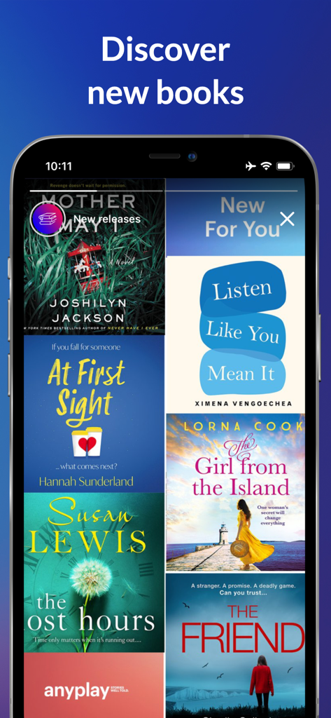 Anyplay app discovery screen showing a grid of book covers and personalized recommendations