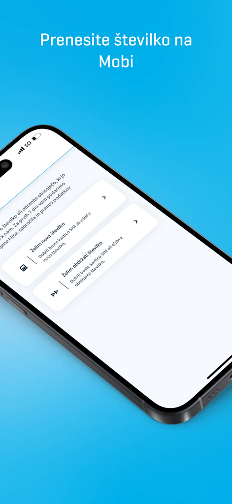 Moj Mobi app interface for selecting between a new mobile number or keeping an existing one via SIM or eSIM.