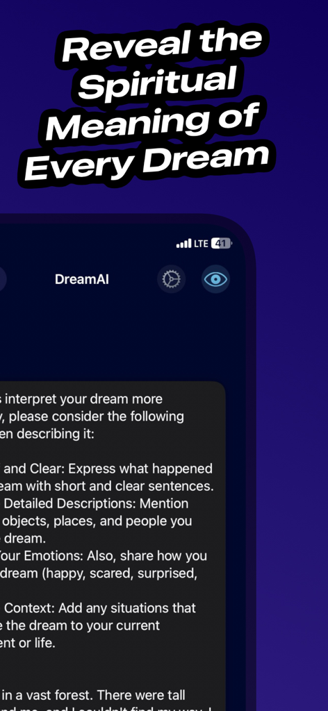 Smartphone screen displaying the Dream Meaning AI Interpreter app with the headline Reveal the Spiritual Meaning of Every Dream