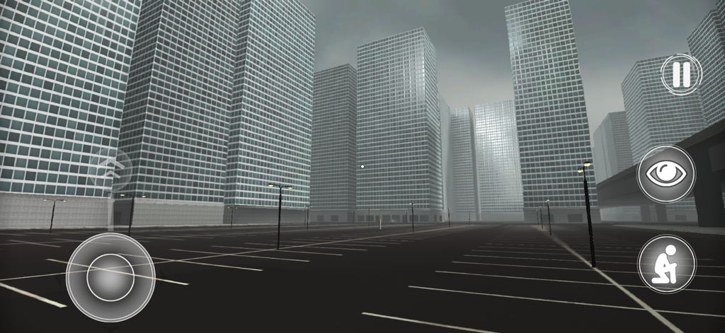 A vast empty parking lot surrounded by grey skyscrapers in Level 11 of the Backrooms mobile game.