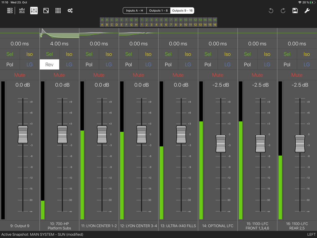 Compass Go by Meyer Sound - Interface of the Compass Go app showing faders and controls for audio output zones