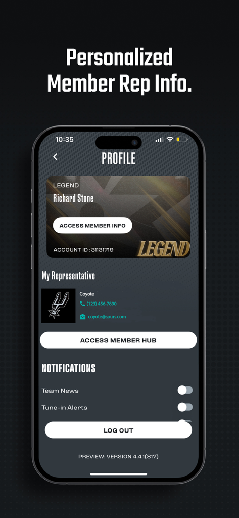 San Antonio Spurs - San Antonio Spurs mobile app profile screen showing personalized member representative information and account status