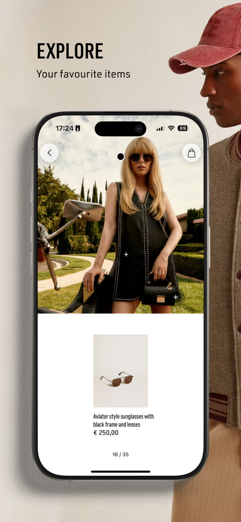 Golden Goose - 探索セクションに高級サングラスが表示されたゴールデン グースモバイルアプリのインターフェイス