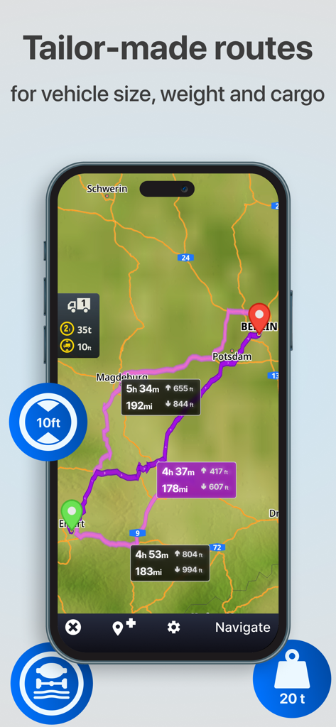 Sygic Truck & RV Navigation - Sygic Truck und RV Navigation App zeigt maßgeschneiderte Routen für Fahrzeuggröße und -gewicht auf einer Karte an.