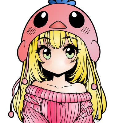 anime girl with chick shaped hat with sweater with bare shoulders with bangs covering them one eye with low tail