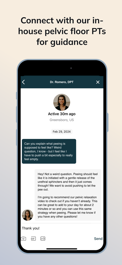 In-app chat interface showing a consultation with a pelvic floor physical therapist.