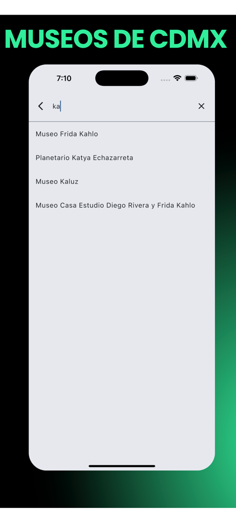 CDMX Museums - Interface de pesquisa do aplicativo Museus da CDMX exibindo uma lista de resultados para nomes de museus, incluindo Museu Frida Kahlo e Museu Kaluz.