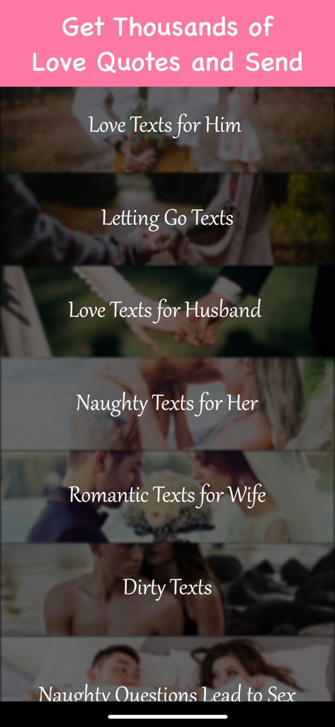 My Love-Relationship Countdown - A list of romantic text categories including love quotes for him and romantic messages for her
