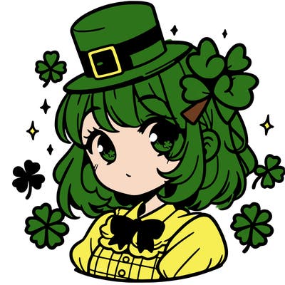 a manga-style girl with clovers around her, a little hat in her hair, like it's saint patrick's day