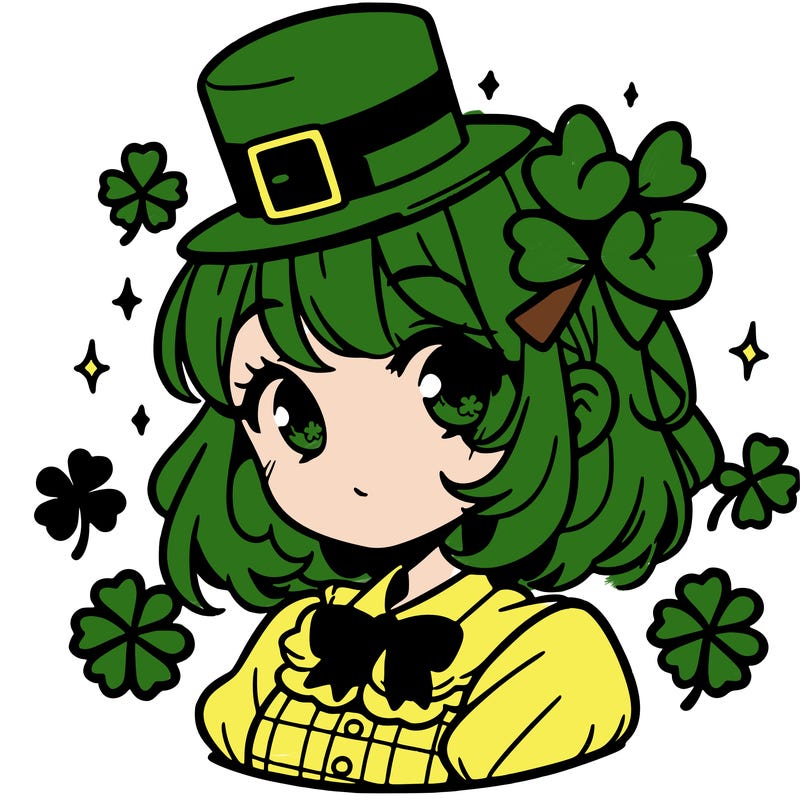 a manga-style girl with clovers around her, a little hat in her hair, like it's saint patrick's day