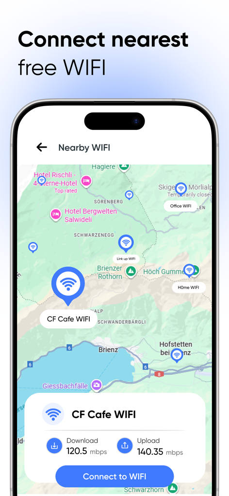 All Router Admin Setup Control - Interfaz de la aplicación móvil mostrando un mapa de puntos de acceso WiFi gratuitos cercanos con detalles de velocidad de descarga y carga.
