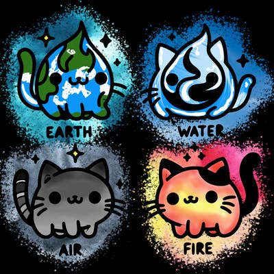 4 cats that represent the different elements, earth, water, air, and fire