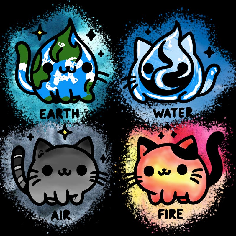 4 cats that represent the different elements, earth, water, air, and fire