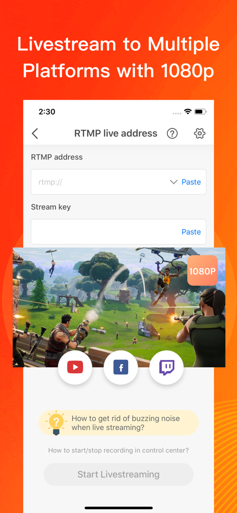 Interface of DU Recorder app showing 1080p livestream setup with RTMP address and stream key fields for broadcasting to YouTube Facebook and Twitch