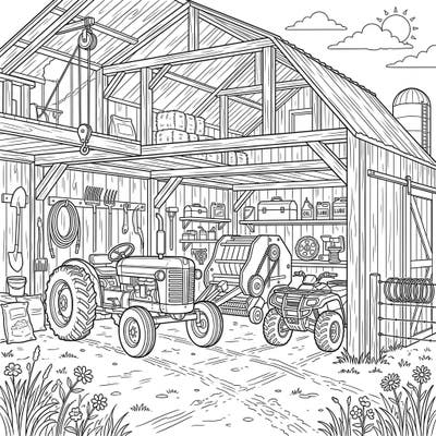 Dive into the intricate world of farm life with this detailed equipment barn coloring page, specially designed for teens. Discover tractors, ATVs, and various machinery, ready for your artistic touch.