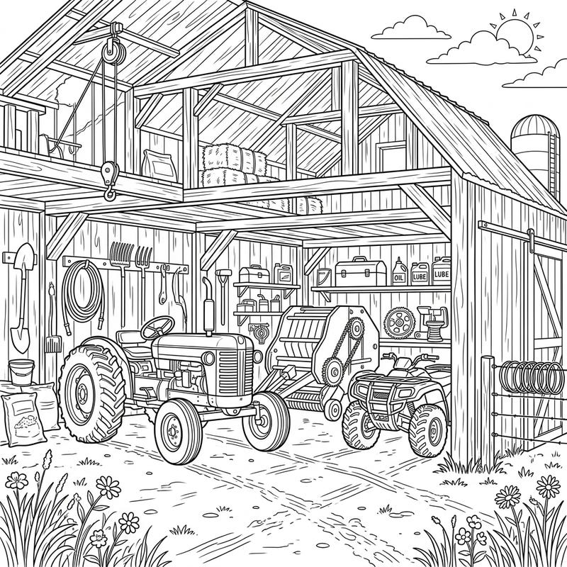 Dive into the intricate world of farm life with this detailed equipment barn coloring page, specially designed for teens. Discover tractors, ATVs, and various machinery, ready for your artistic touch.