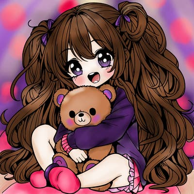 manga girl, long curly hair, happy, cuddling a teddy bear