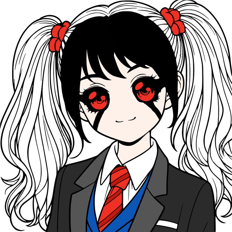 realistic girl with two ponytails and a suit on
