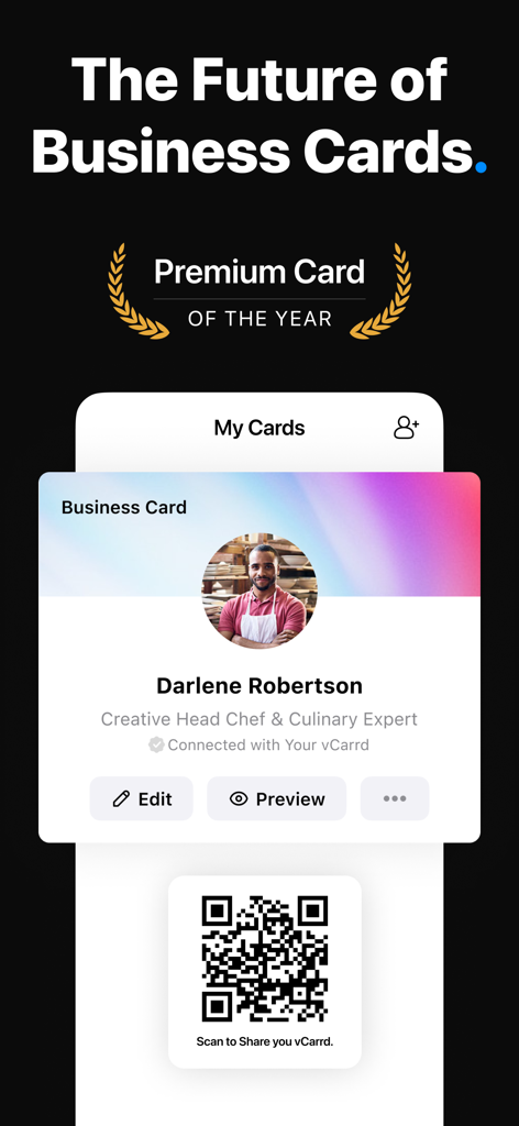 vCarrd app interface showing a digital business card for a professional and a QR code for easy sharing