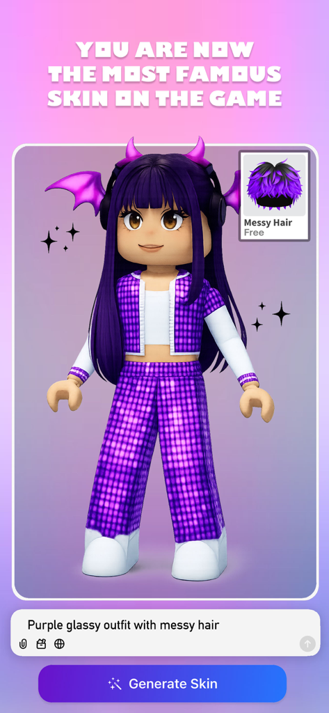 Interface do Skin Creator AI for Roblox mostrando uma roupa roxa vítrea gerada a partir de um prompt