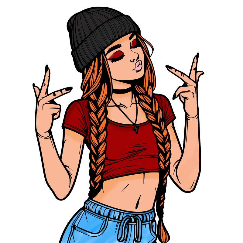 realistic teenage girl with braids and a beanie and crop top doing 🫶🏼